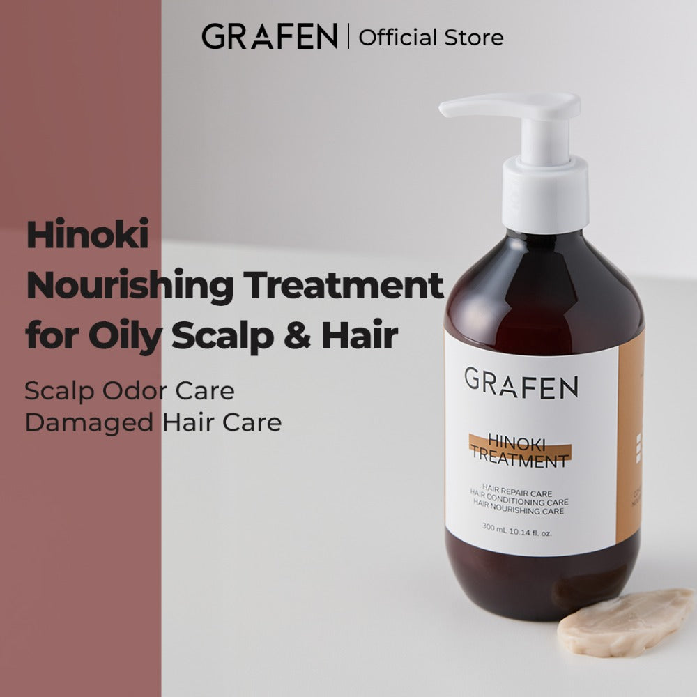GRAFEN Hinoki Treatment 300ml : flacon de soin capillaire sur fond blanc, contexte produit GRAFEN Official Store