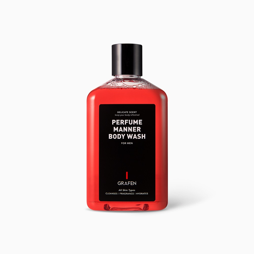 GRAFEN Perfume Manner Body Wash 250ml : flacon rouge noir sur fond blanc, gel douche parfumé pour hommes
