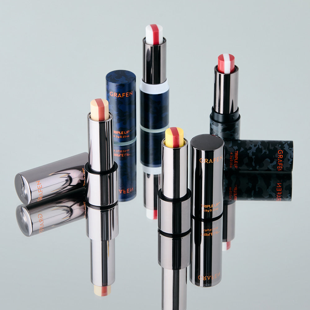 GRAFEN Triple Lip™ 4.3g : rouges à lèvres en étui argenté, flacons et fond clair, produits de la marque Grafen.
