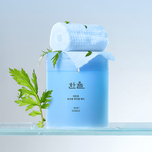 HANYUL Young Artemisia Extract Moisturizing Pad 60 Sheets, brand HANYUL, coussinets hydratants, herbe d’armoise sur fond bleu clair