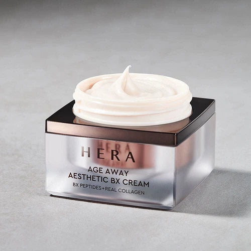 HERA Age Away Aesthetic BX Cream 50ml, pot crème sur fond clair, visuel de beauté, marque HERA en avant-plan.