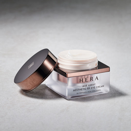 HERA Age Away Aesthetic BX Eye Cream 25ml, pot crème pour contour des yeux HERA sur fond clair, esthétique luxe