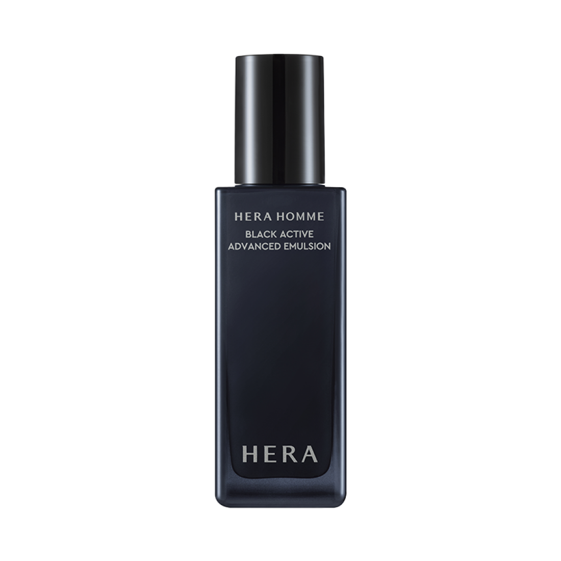 HERA Homme Black Active Advanced Emulsion 110ml de HERA, flacon noir en studio sur fond sombre, image produit.