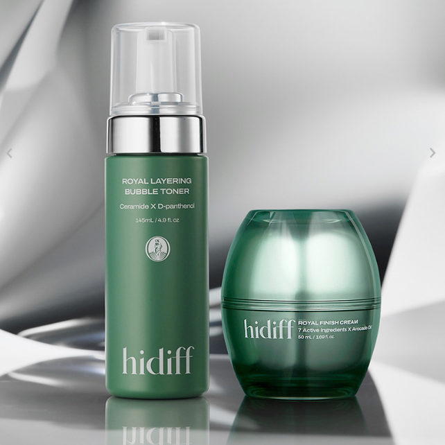 HIDIFF Royal Layering Bubble Toner & Royal Finish Cream de la marque HIDIFF, flacons vert sur fond blanc élégant