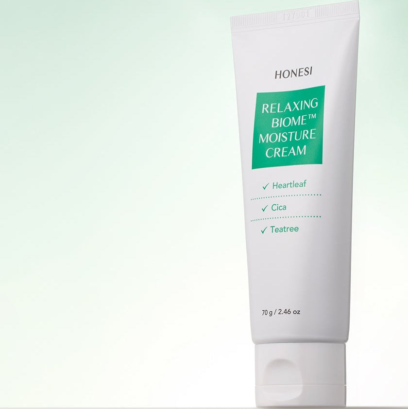 HONESI Relaxing Biome Moisture Cream 70g, crème hydratante apaisante sur tube blanc, fond clair, marque HONESI en gros