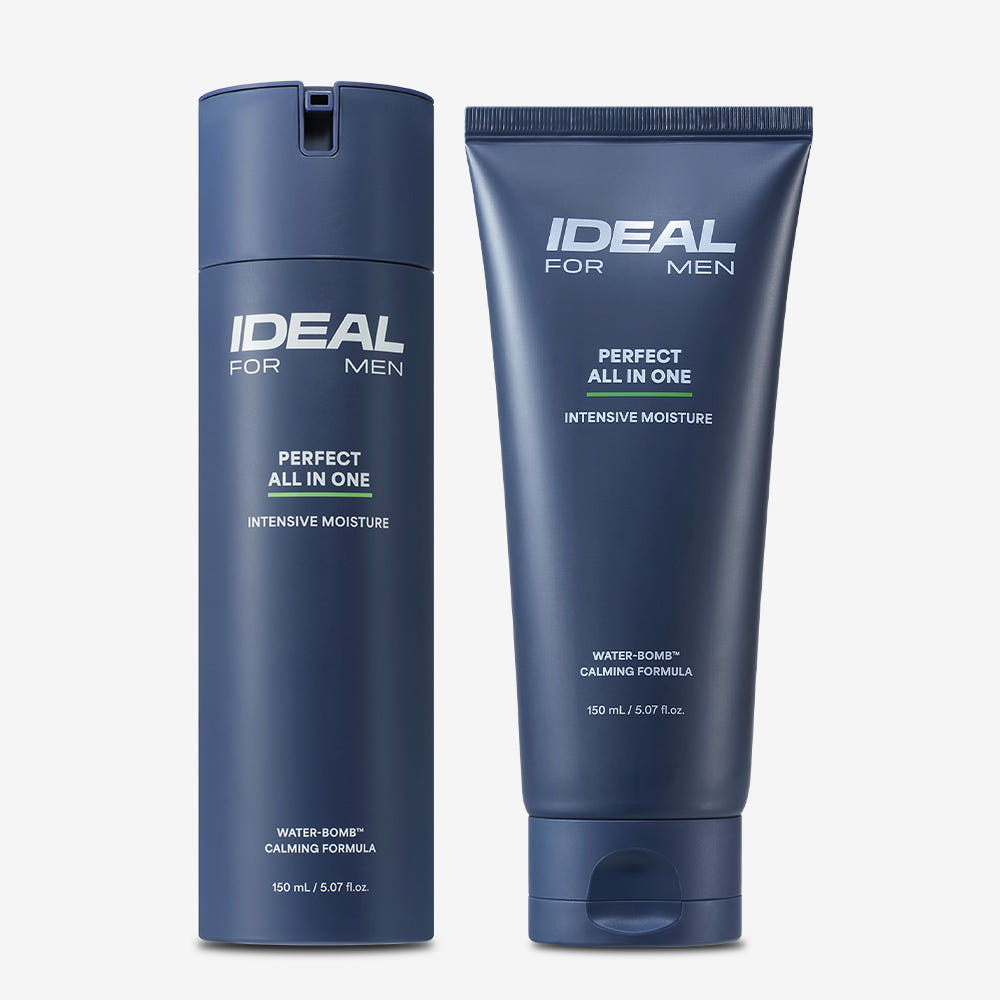 IDEAL FOR MEN Perfect Moisturizing All-in-One Plan 150ml : photo produit en flacon et tube, salle de bain