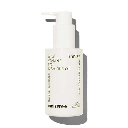 INNISFREE Olive Vitamin E Real Cleansing Oil 150ml, flacon blanc sur fond clair, visuel produit cosmétique.