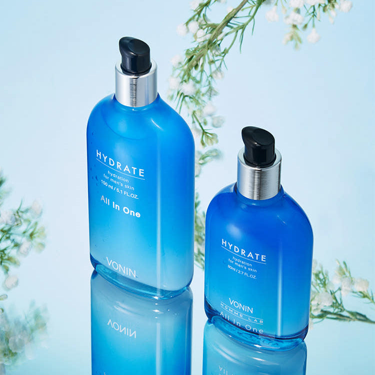 ISAKNOX Bonin All-in-One Hydrate 150ml + 80ml, flacons bleus sur fond clair, décor de fleurs, marque ISAKNOX