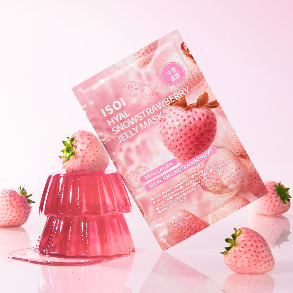 ISOI Hyal Strawberry Jelly Mask 23ml 1 Sheet sur fond rose, marque ISOI et fraises en contexte visuel.