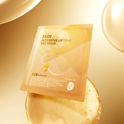 ISOI Intensive Lifting Gel Mask 29g 1 sheet, 5 pieces : masque en gel lifting, marque ISOI, ambiance dorée en gros plan.