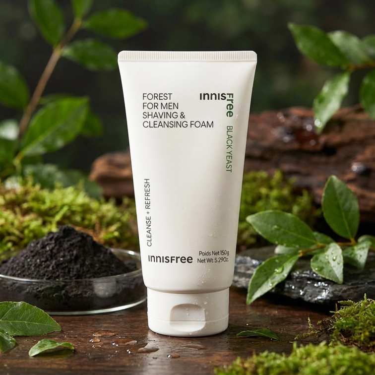 INNISFREE Forest For Men Shaving & Cleansing Foam 150g, tube blanc sur mousse et feuilles vertes, décor naturel en forêt.