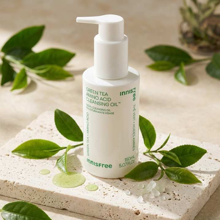 INNISFREE Green Tea Amino Hydrating Cleansing Oil 150ml, flacon pompe blanc sur fond minéral avec feuilles de thé vert, marque INNISFREE