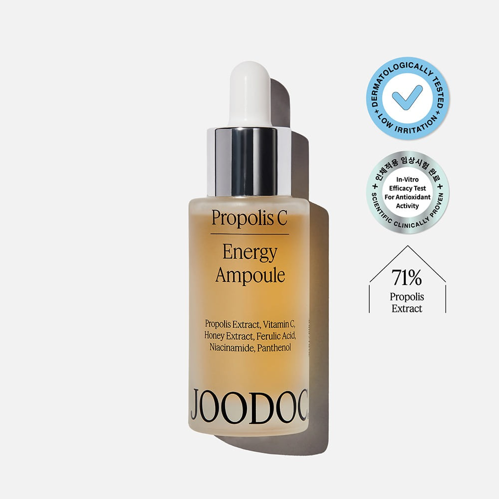 JOODOC Propolis C Energy Ampoule 30ml, flacon sérum miel/propolis sur fond blanc, packaging cosmétique de marque JOODOC.