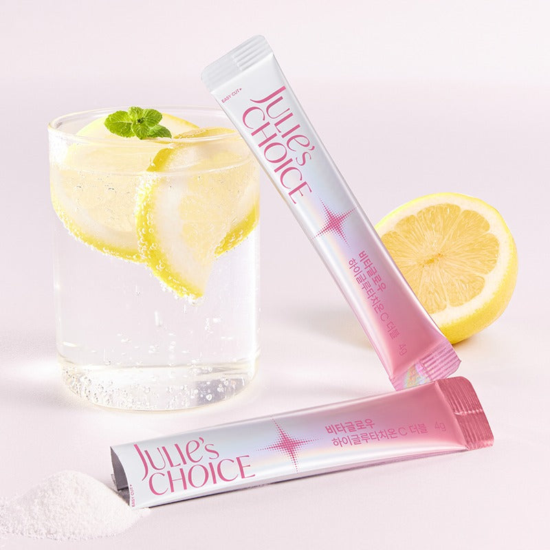 JULIE'S CHOICE Vita Glow High Glutathione C Double 23 Pieces : produit de la marque, avec citron, menthe et verre glacé.