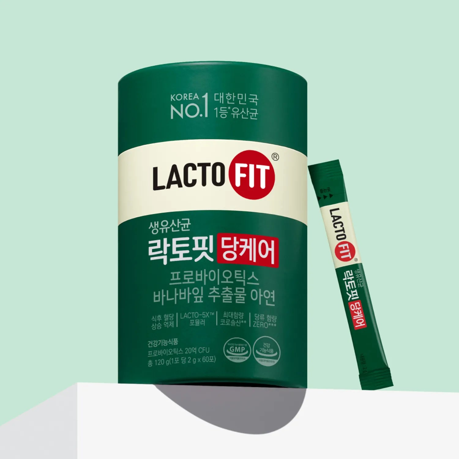 LACTO-FIT Blood Sugar Care 60 Sticks, pack vert et stick à côté, photo produit de la marque LACTO-FIT sur fond clair.