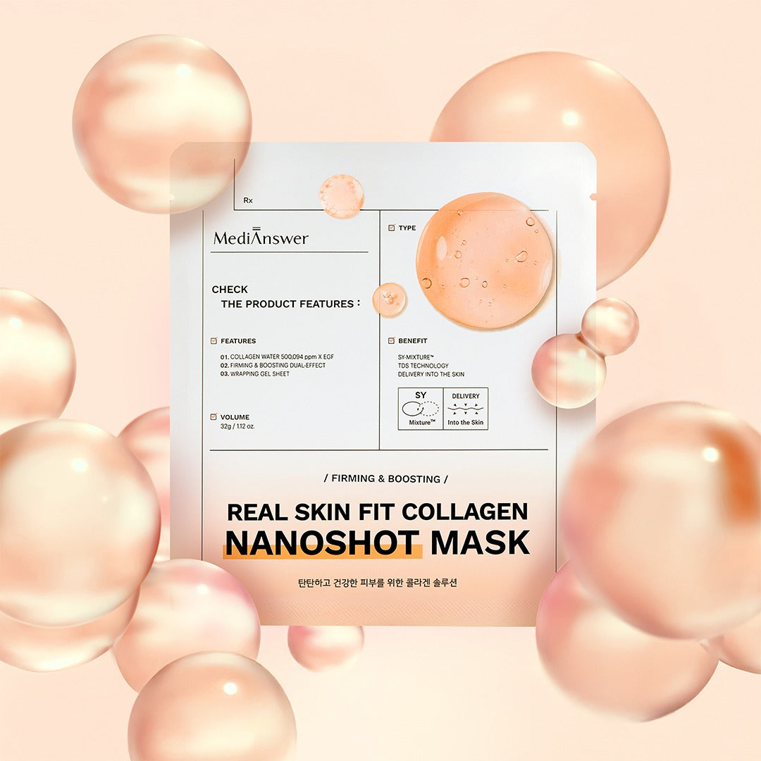MEDIANSWER Real Skin Fit Collagen Nanoshot Mask 5 sheets, masque au collagène de MediAnswer sur fond bulles roses.