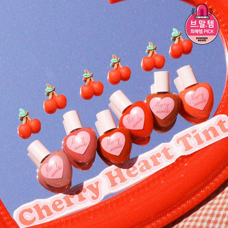 MERRY MONDE Mini Heart Tint, maquillage en forme de cœurs sur fond bleu, marque et contexte visuel créatifs.