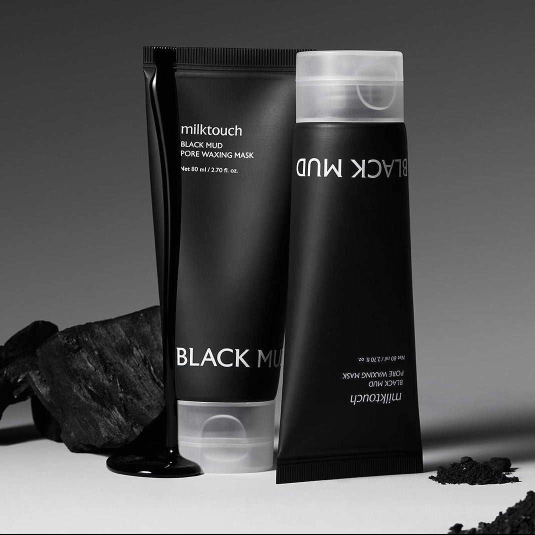 MILK TOUCH Black Mud Pore Waxing Mask 100ml, tube noir et pot sur fond sombre, produit de la marque Milk Touch