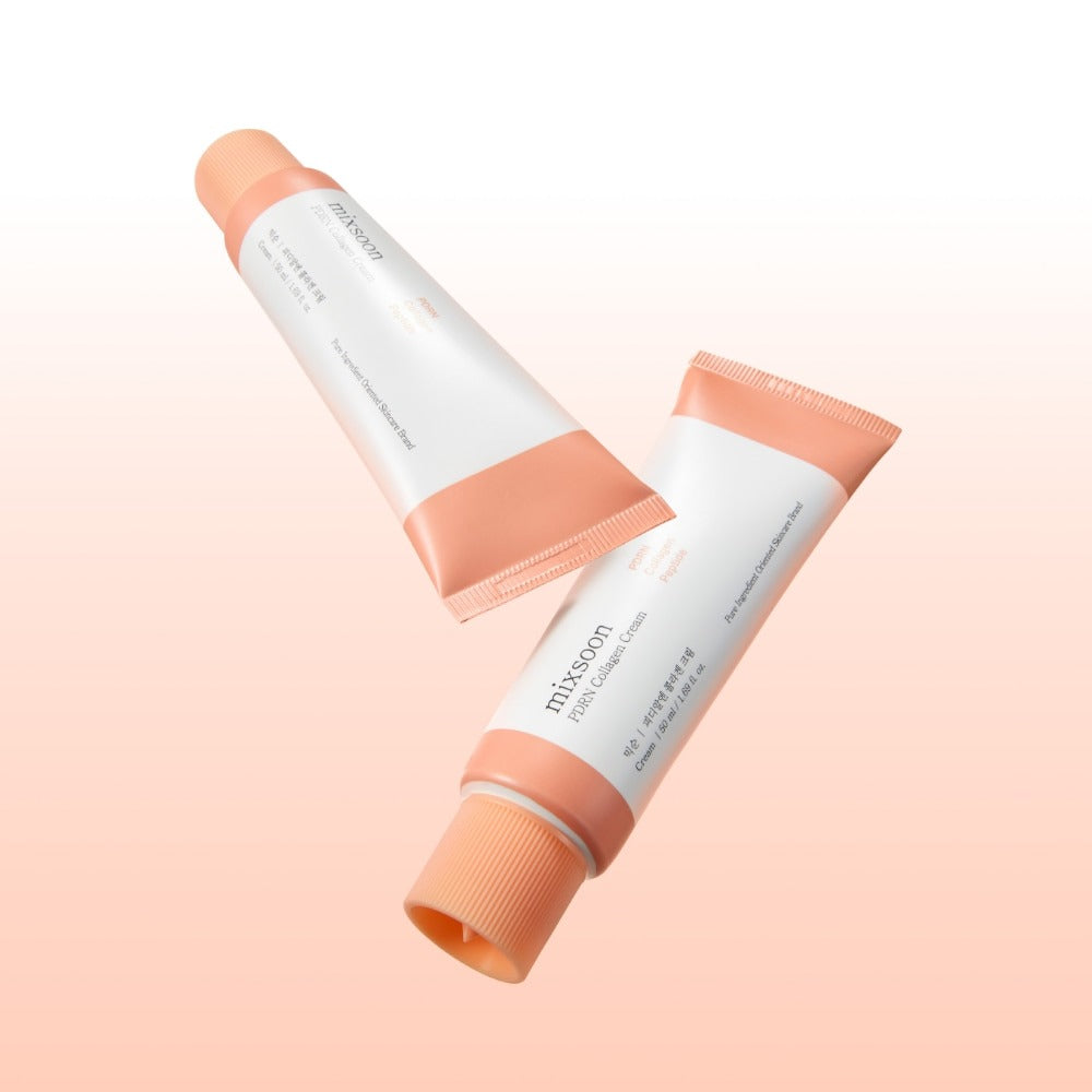 Décris l'image en français : MIXSOON PDRN Collagen Cream 50ml, tubes crème sur fond pastel, marque MIXSOON.