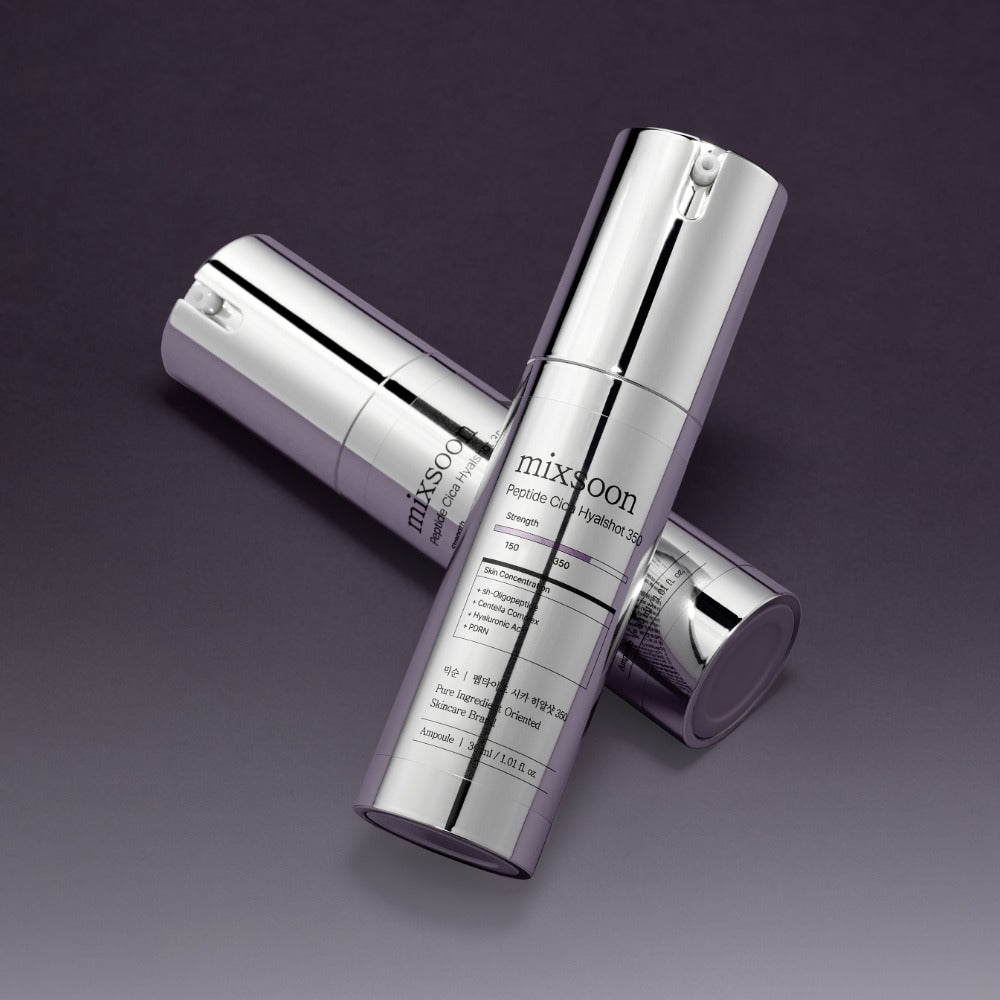 MIXSOON Peptide Cica Hyal Shot 350 30ml : flacons sérum sur fond violet, présentation produit marque MIXSOON.