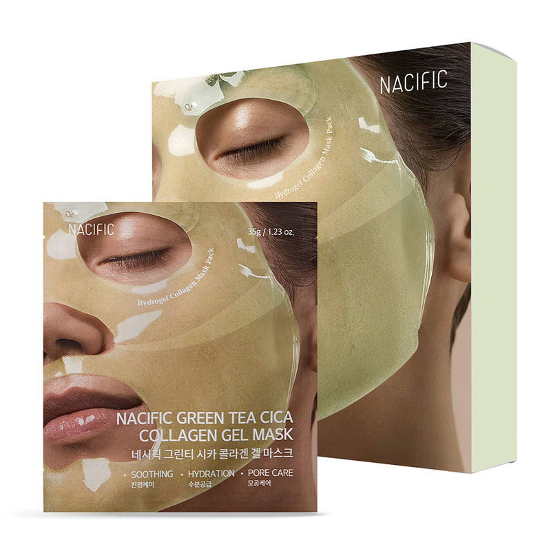 NACIFIC Green Tea Cica Collagen Gel Mask, masques en gel verts sur affiche produit, marque NACIFIC, contexte beauté