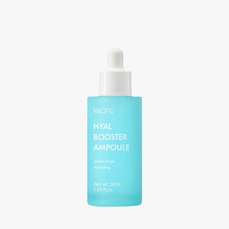 NACIFIC Hyal Booster Ampoule 50ml : flacon sérum hydratant bleu sur fond clair, présentation produit beauté.