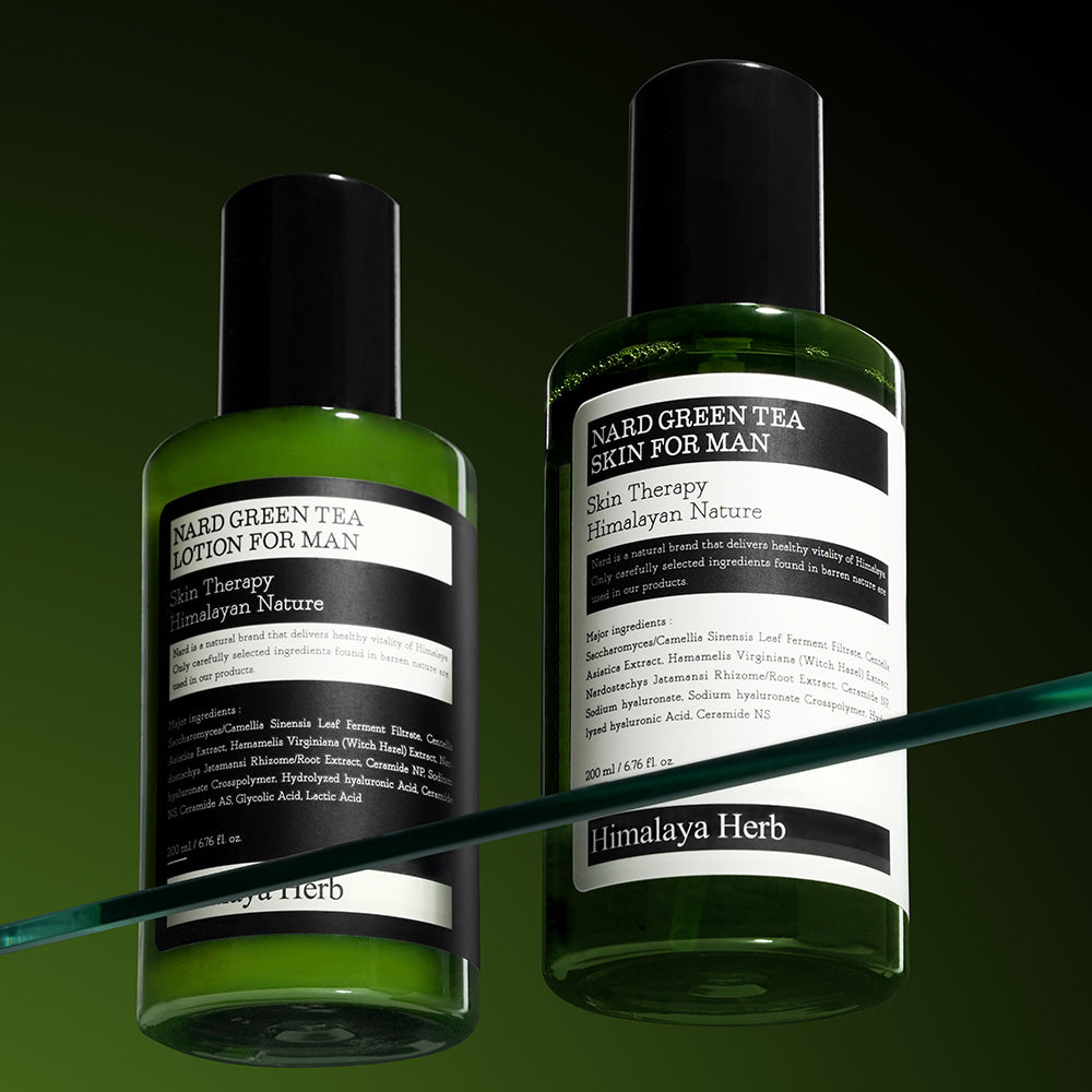 NARD Green Tea Skin Lotion 2 Pieces Set For Men 200ml : 2 flacons vert sur fond sombre, style marketing, marque NARD.