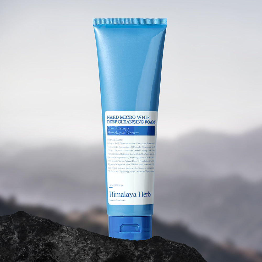 NARD Micro Whip Deep Cleansing Foam 150ml, mousse nettoyante NARD sur rocher, fond paysage montagne, tube bleu