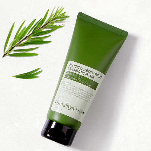 NARD Tea Tree Mildly Acidic Cleansing Foam 150ml par NARD, tube vert, feuille d’arbre à thé sur fond blanc (vue produit)