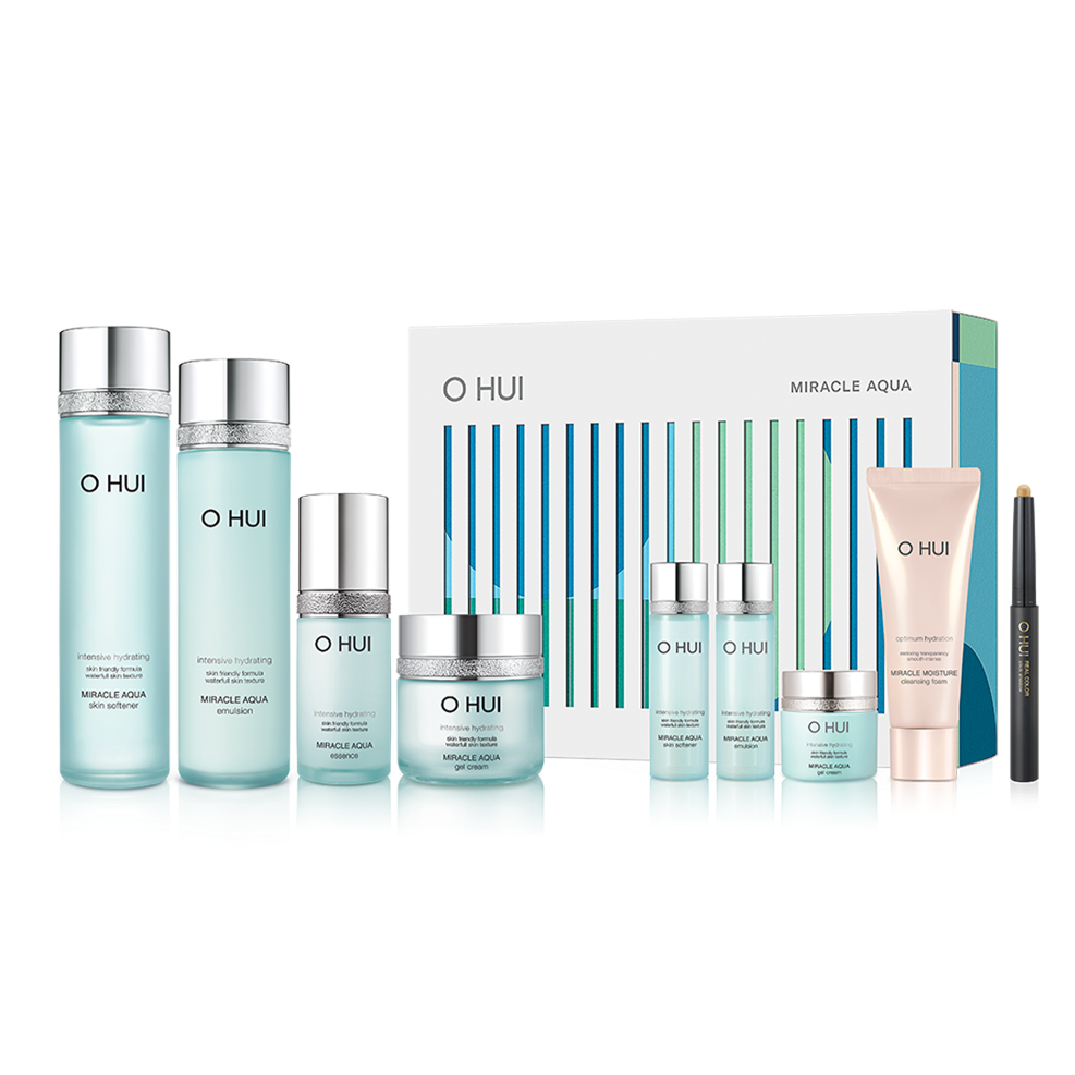 OHUI Miracle Aqua Set (Skin Softener, Emulsion, Essence, Gel Cream, Hyaluronic Water Patch) disponible sur Ma petite Coree, ton Eshop 100% K-beauty en direct de Seoul