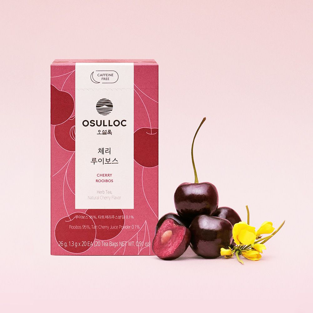 OSULLOC Cherry Rooibos – boîte rose sans caféine et cerises fraîches, détail n° 1
