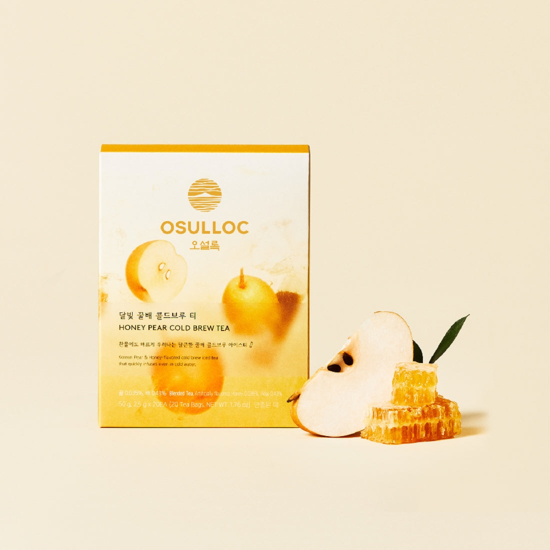 OSULLOC Moonlight Honey Pear Cold Brew Tea 20 P : boîte et poire au miel, ambiance claire sur fond beige