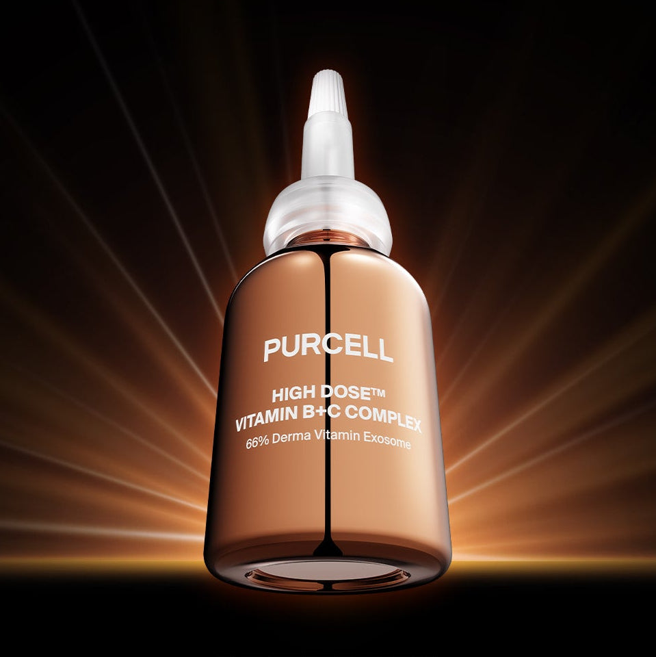 PURCELL High-Dose Vitamin B+C Complex 30mL, flacon gouttes PURCELL sur fond lumineux, flacons vitamines en contexte cosmétique.