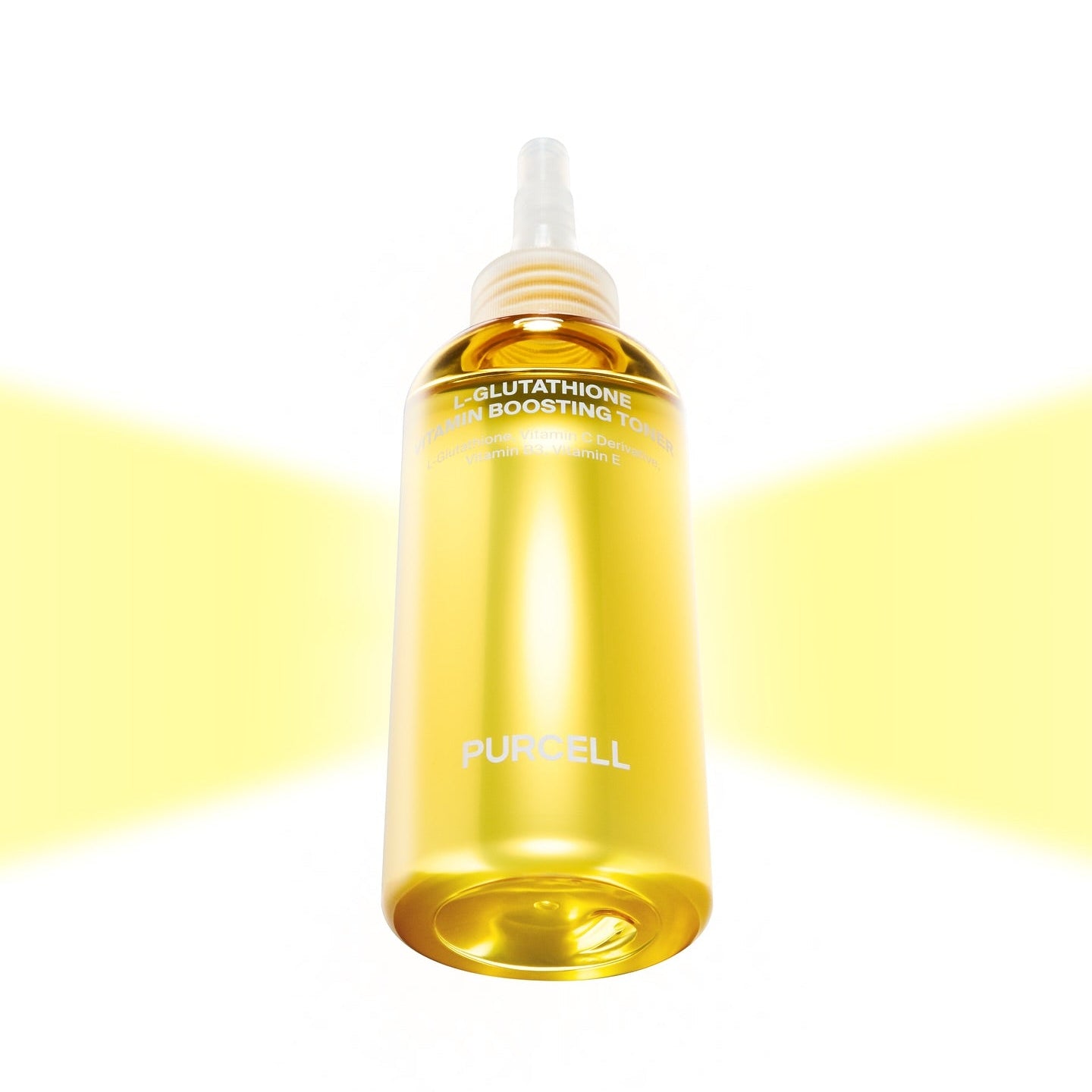 PURCELL L-Glutathione Vitamin Boosting Toner 150mL, flacon doré PURCELL sur fond clair jaune, goutteur