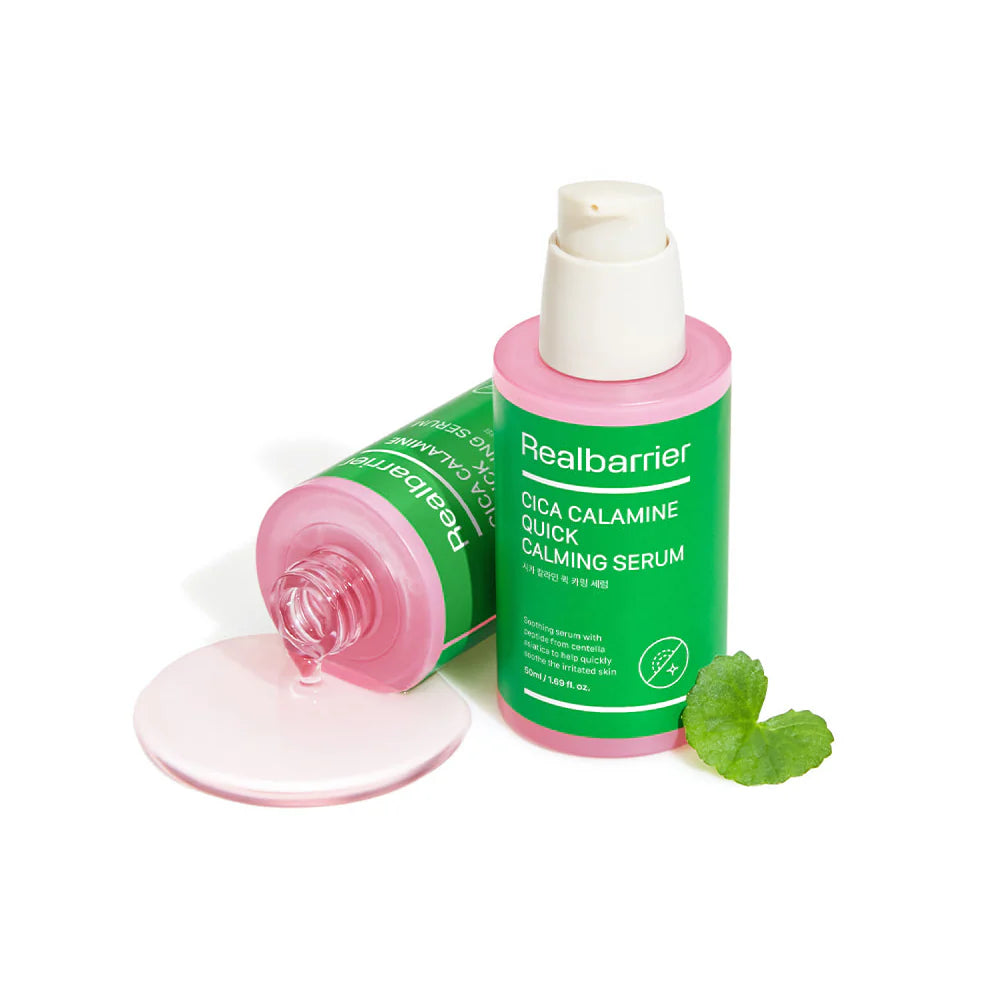 REAL BARRIER Cica Calamine Quick Calming Serum 50ml, photo produit Real Barrier sur fond blanc, flacon vert et pompe