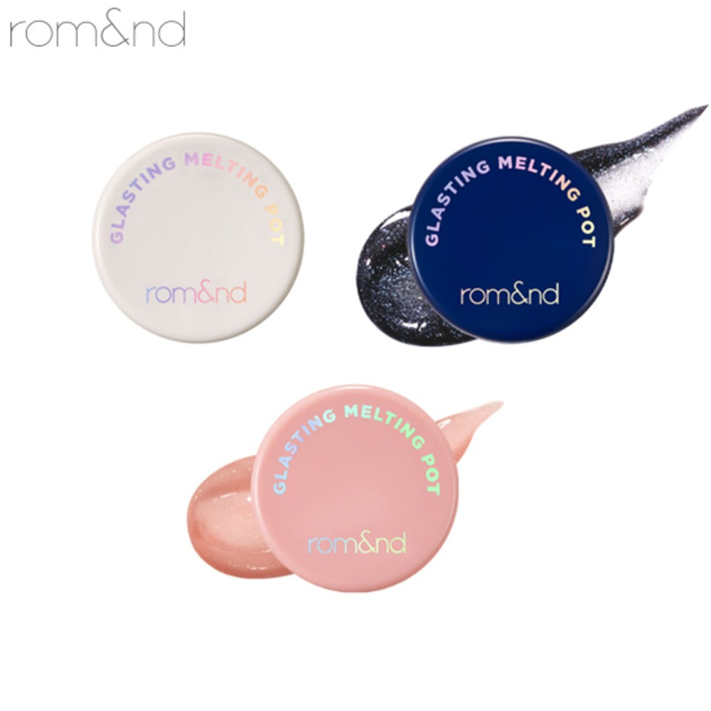 ROMAND Glasting Melting Pot de la marque rom&nd, échantillons de baumes sur fond blanc, rendu visuel produit.