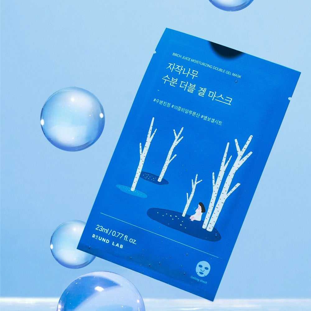 ROUND LAB Birch Moisture Double Gel Mask (10 sheets), masque gel hydratant de la marque, emballage bleu sur fond bleu avec bulles