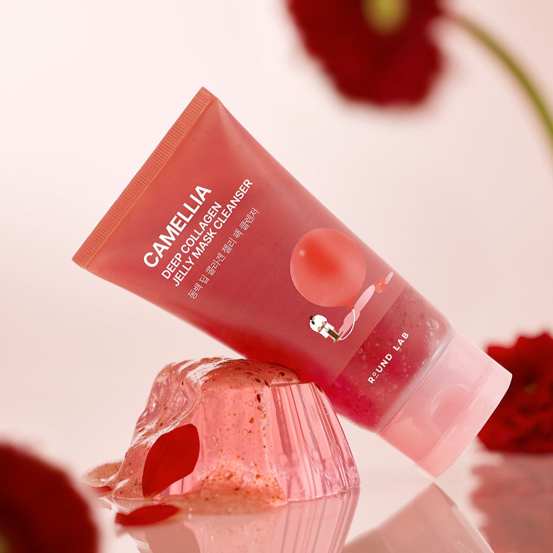 ROUND LAB Camellia Deep Collagen Jelly Pack Cleanser 150ml, tube de la marque sur fond clair, gelée rouge camélia