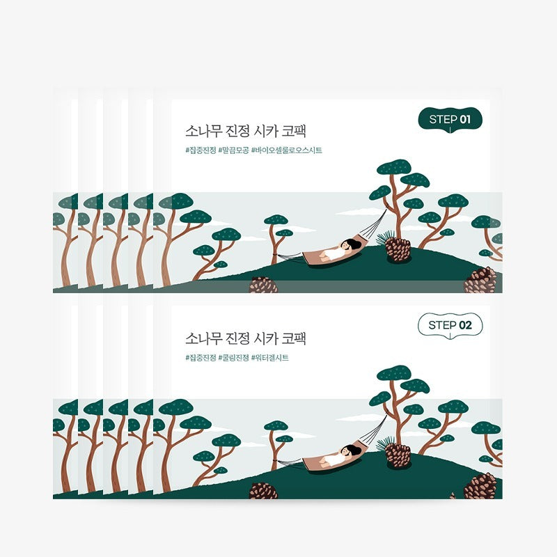 ROUND LAB Pine Soothing Cica Co-pack (5 sheets) : aperçu visuel des patchs apaisants, marque coréenne, fond paysage forêt