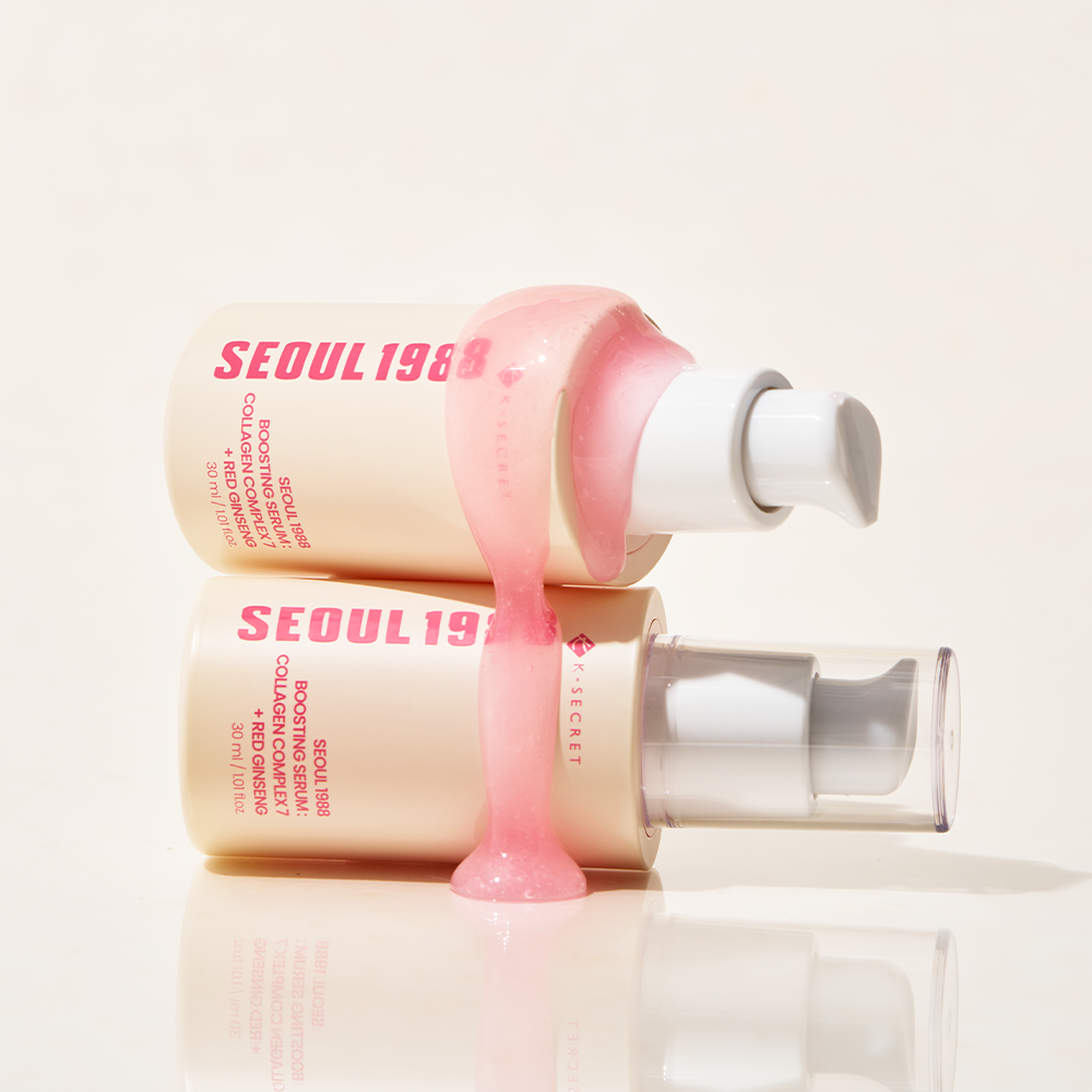 SEOUL 1988 Collagen Boosting Serum 30ml, flacon avec texture rose sur fond clair, visuel produit de la marque