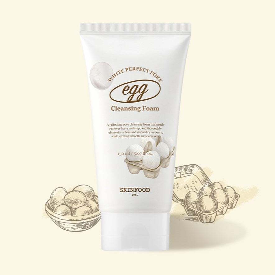 SKINFOOD Egg White Perfect Pore Cleansing Foam 150ml : mousse nettoyante de la marque SKINFOOD sur fond crème, flacon produit.