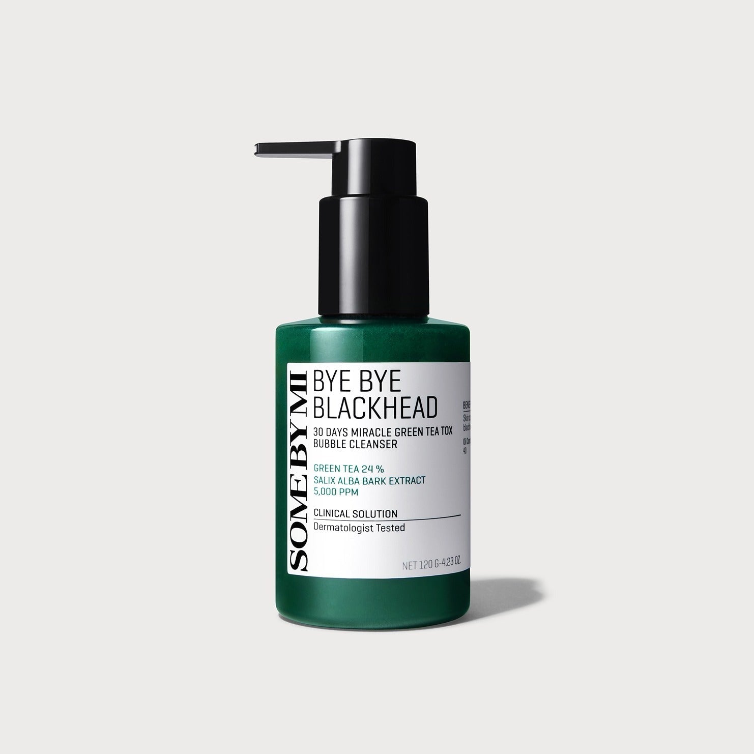 SOME BY MI Bye Bye Blackhead Bubble Cleanser 120g, flacon vert pompe, sur fond clair, nettoyage bulles anti-blackheads.