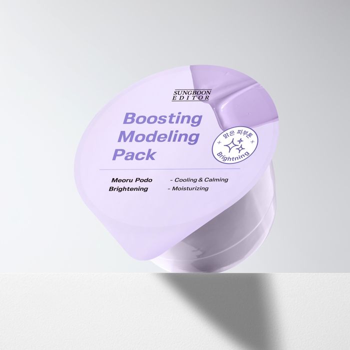 Décris l'image en français : SUNGBOON EDITOR Boosting Modeling Pack Meoru Podo Brightening, pack violet sur fond clair.