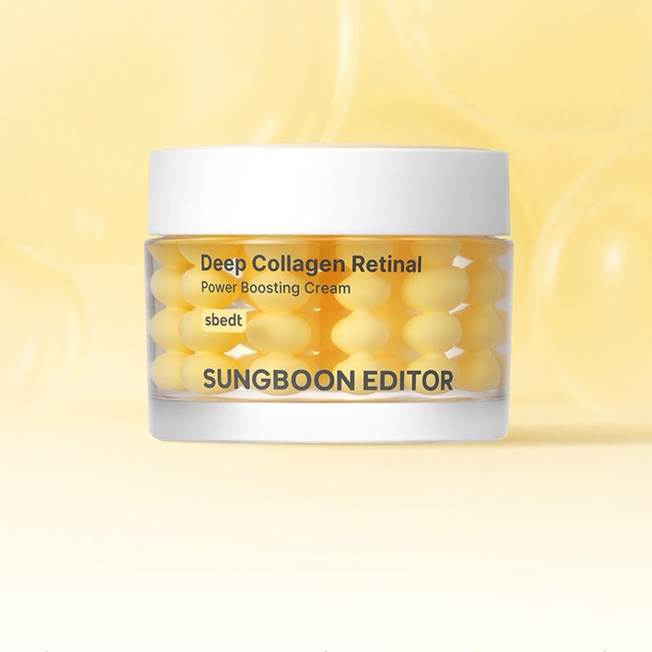 Crème revitalisante SUNGBOON EDITOR Deep Collagen Retinal Shot Power Boosting Cream, pot jaune en arrière-plan lumineux.