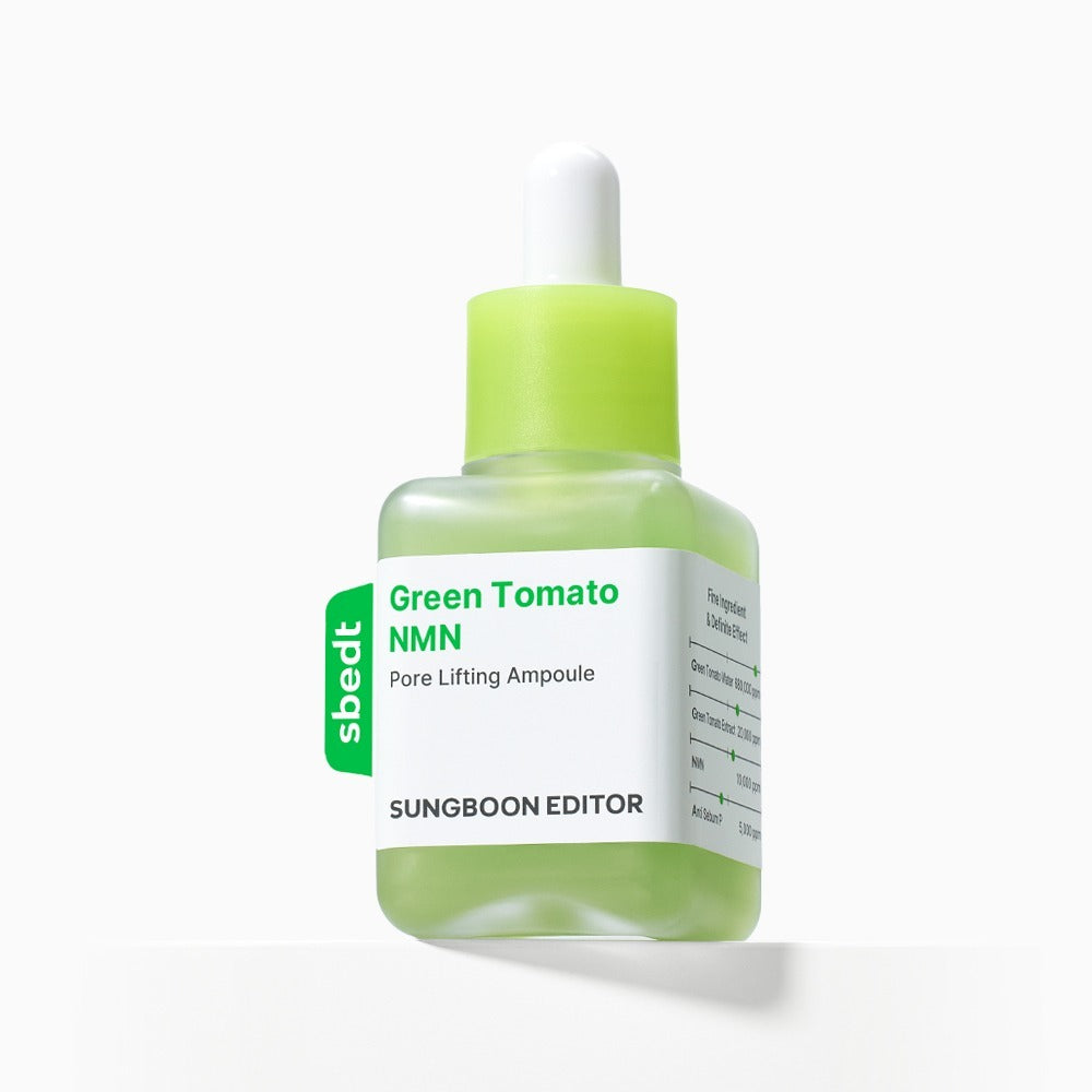 SUNGBOON EDITOR Green Tomato NMN Pore Lifting Ampoule 40ml sur fond blanc, photo produit bouteille verte