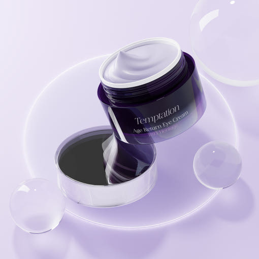 THE SAEM Temptation Age Return Eye Cream 30ml, pot pour contour des yeux de la marque THE SAEM, fond violet clair