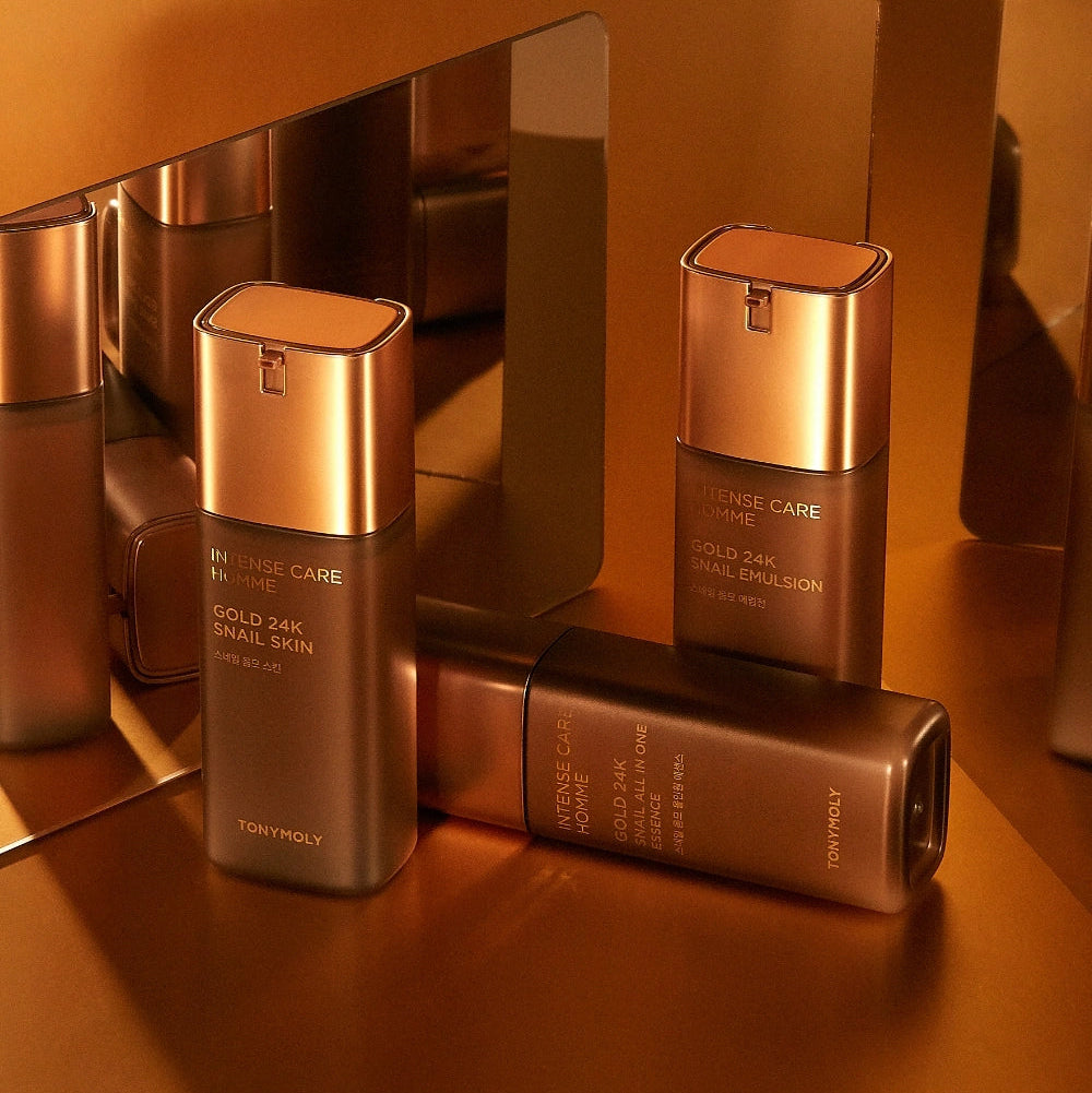 TONYMOLY Intense Care Gold 24K Snail Homme 2 Pieces Set, flacons dorés en coffret, soins visage homme au style luxe