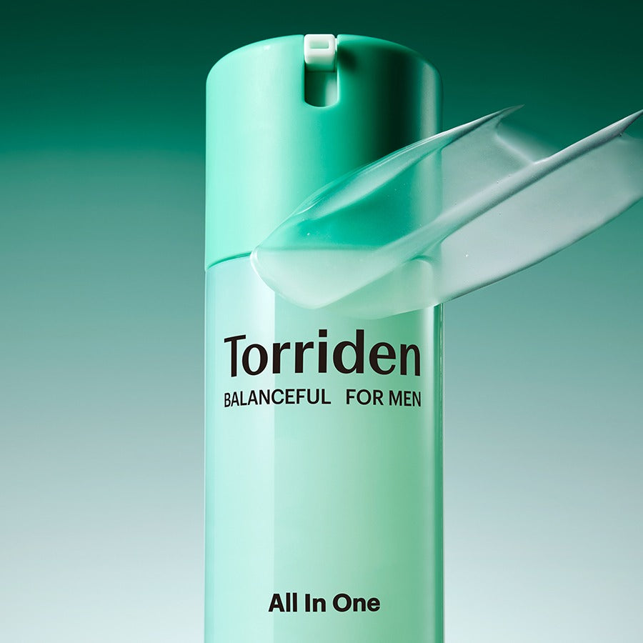 TORRIDEN Balanced For Men Cica Fresh All-in-One 200g, flacon vert sur fond vert, vue produit en gros plan, ambiance fraîche