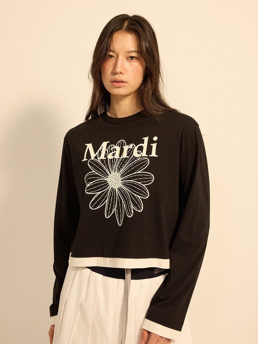 TSHIRT LONG SLEEVE FLOWERMARDI LAYERED DETAIL_BLACK IVORY