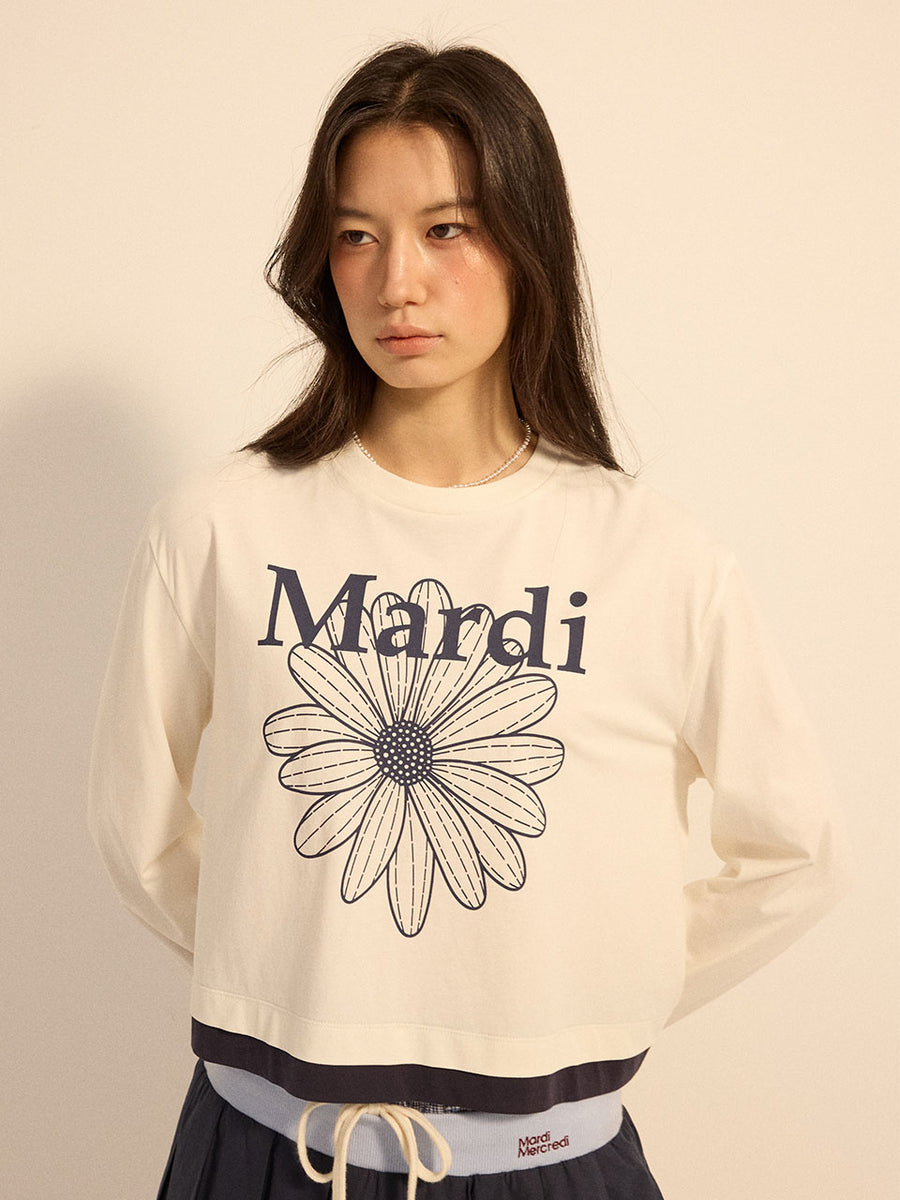TSHIRT LONG SLEEVE FLOWERMARDI LAYERED DETAIL_CREAM NAVY
